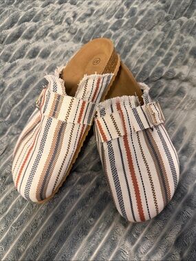 Striped Canvas Slip-On Clogs in White, Rust & Navy